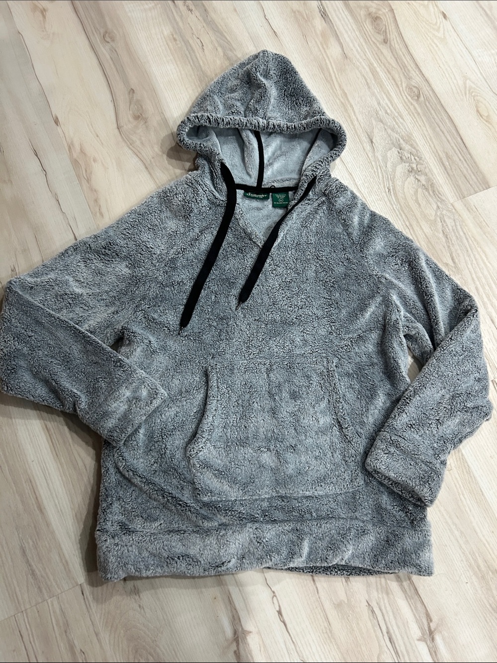 Plush Gray Sherpa Hoodie with Black Drawstrings